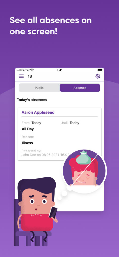 SchoolFox - Schulkommunikation - Screenshot of SchoolFox app showing student absence details and reason for illness