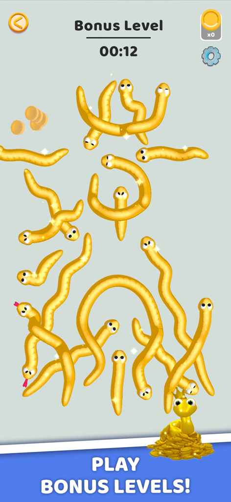 Tangled Snakes - Gameplay screenshot of Tangled Snakes bonus level featuring yellow snakes and a pile of gold coins