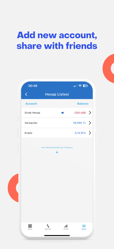 Money Manager app screen showing a list of accounts including shared and crypto wallets with balances in USD and BTC