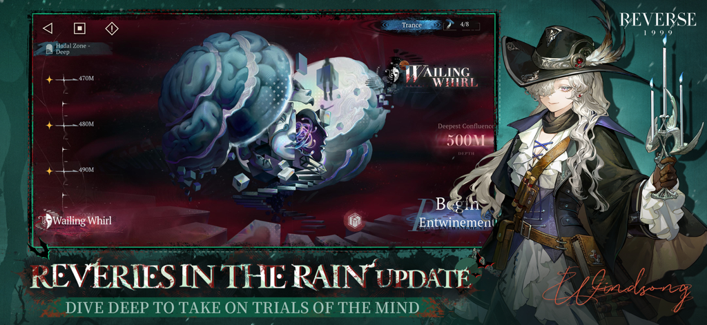 Promotional art for Reverse 1999 Reveries in the Rain update featuring the character Windsong and a strategic menu for Trials of the Mind