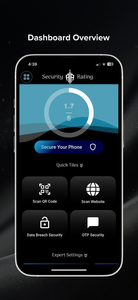 MobiArmour - Painel do aplicativo móvel MobiArmour exibindo uma classificação de segurança e blocos de acesso rápido para scans QR e segurança de violação de dados.