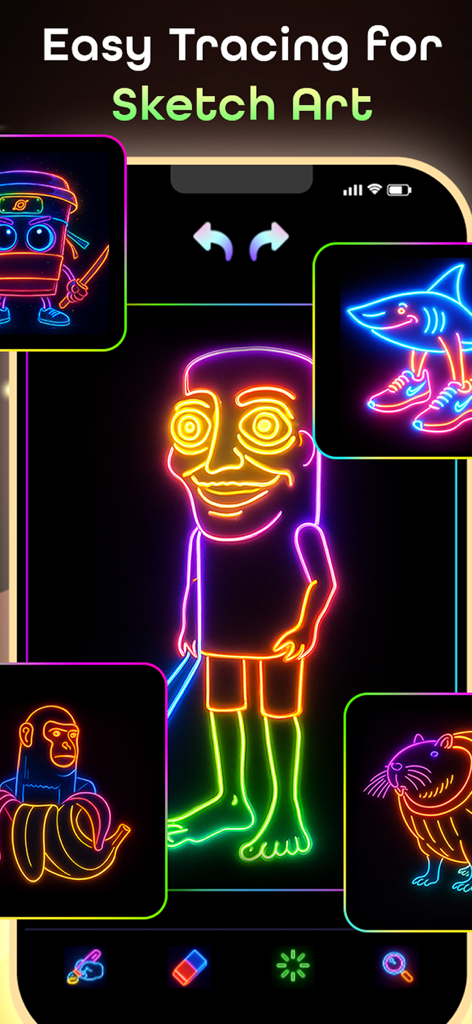 Glow Doodle: Neon Drawing Art - Neon drawing app interface showing easy tracing for sketch art with various glowing character illustrations.
