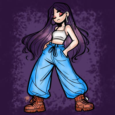 girl in baggy pants crop top and long hair