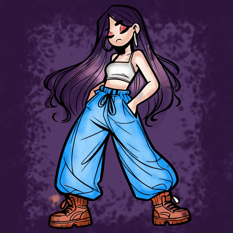 girl in baggy pants crop top and long hair