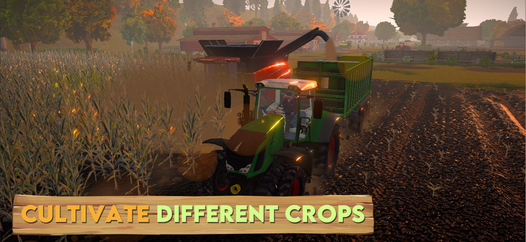Farm Sim 2024 - A green tractor and a red combine harvester working in a field at sunset