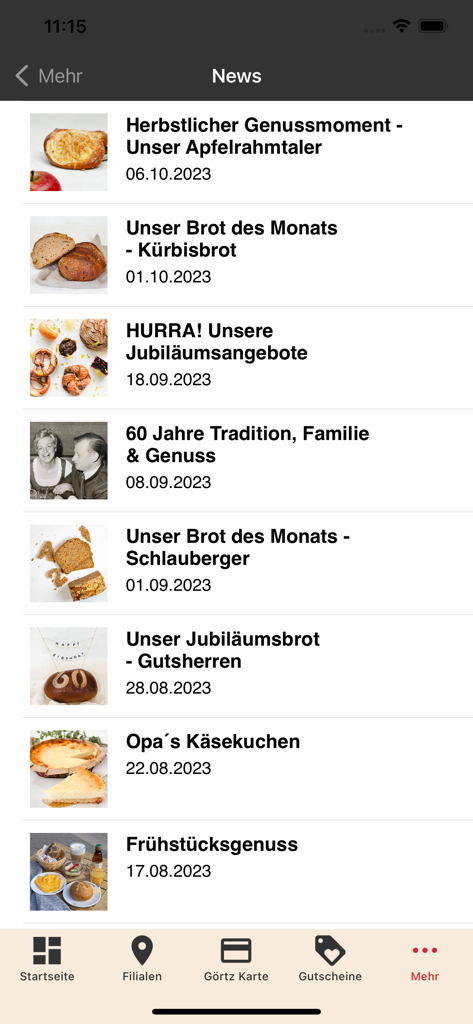 Bäcker Görtz - The news feed in the Bäcker Görtz app featuring seasonal bakery products and promotional offers