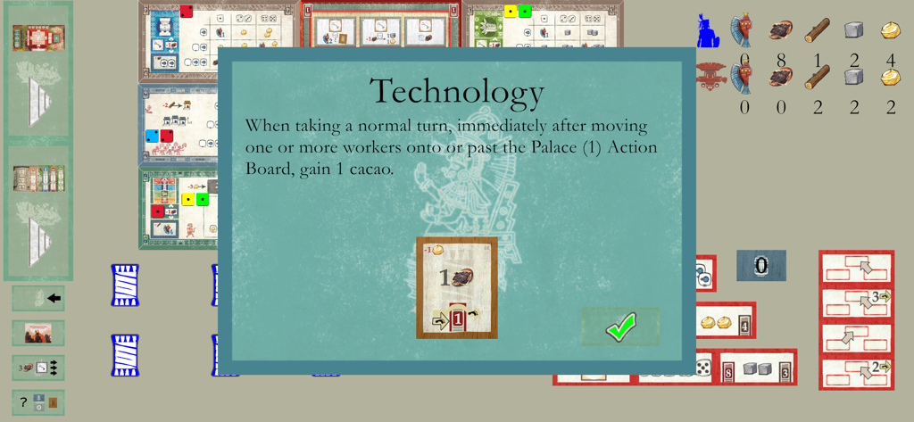 Teotihuacan - The board game - Versión digital del juego de mesa Teotihuacan que muestra una ventana emergente de carta de regla de tecnología