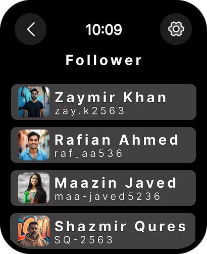 Vista for Feed - A follower list screen on the Vista for Feed Apple Watch app showing profile pictures and usernames.