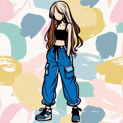 girl in baggy pants crop top and long hair