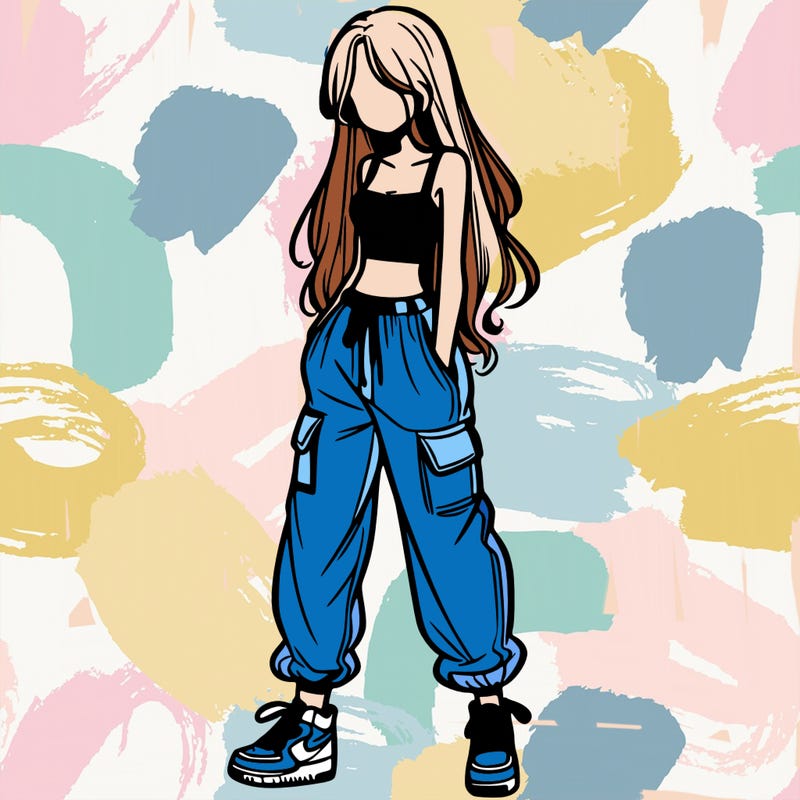 girl in baggy pants crop top and long hair
