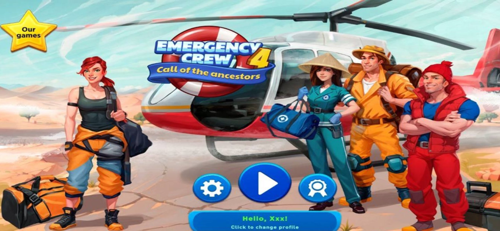 Emergency Crew 4 - Main menu of Emergency Crew 4 Call of the Ancestors showing the rescue team and a helicopter
