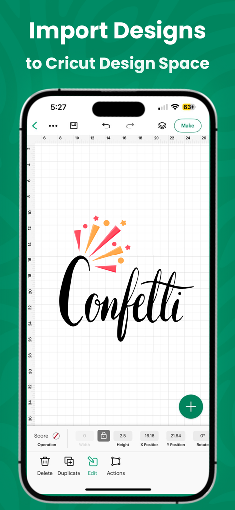 Sublimation Designer Printer - Interfaz de la aplicación Sublimation Designer mostrando un gráfico de diseño de confeti preparándose para Cricut Design Space.