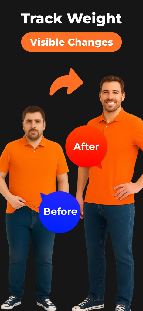 Vorher-Nachher-Transformation, die Gewichtsverlustergebnisse in der App zeigt