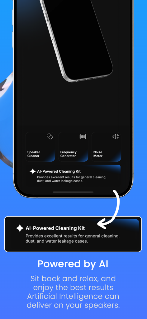 Speaker Cleaner & Sound Boost - Screenshot of the Speaker Cleaner and Sound Boost app showing its AI powered cleaning features for iPhone speakers