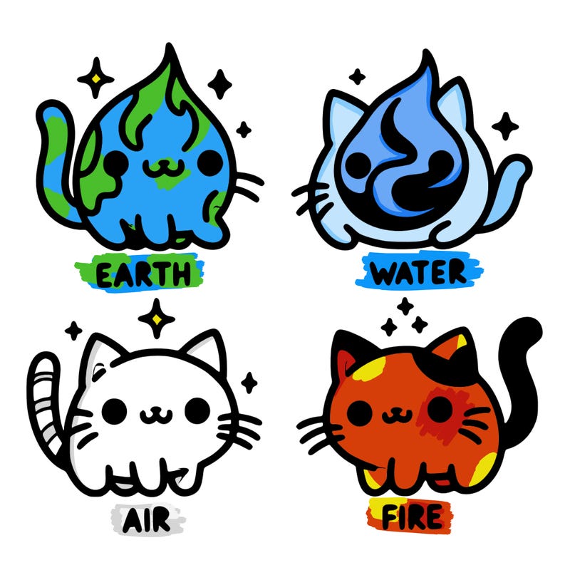 4 cats that represent the different elements, earth, water, air, and fire