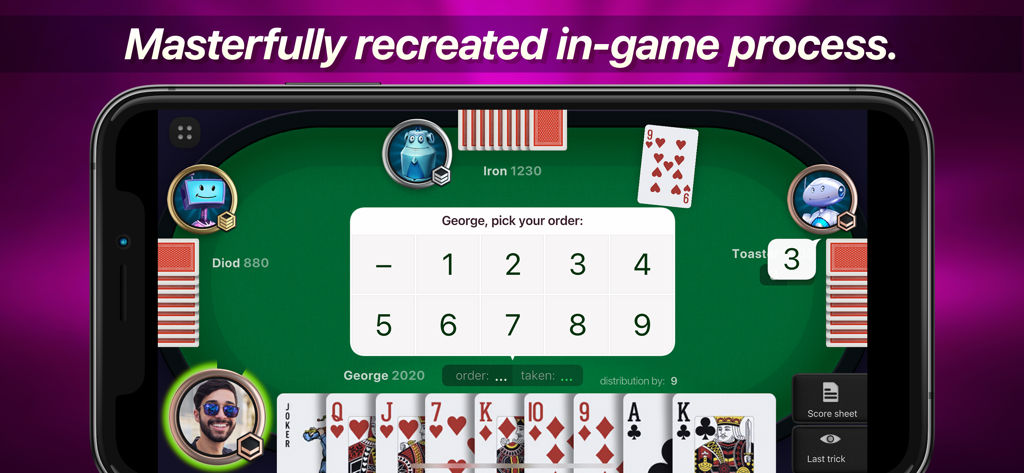 Joker online - Pantalla del smartphone mostrando una partida multijugador y la interfaz de pujas en el juego de cartas Joker online.