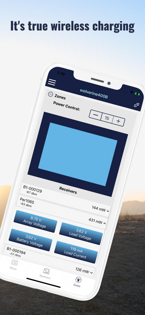 Interface of the WattUp app showing wireless charging zones and real-time power metrics for receivers