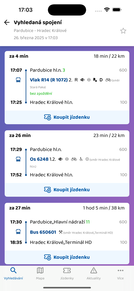 IREDO - IREDO mobile app screen displaying train and bus connection search results for Czech regional travel.