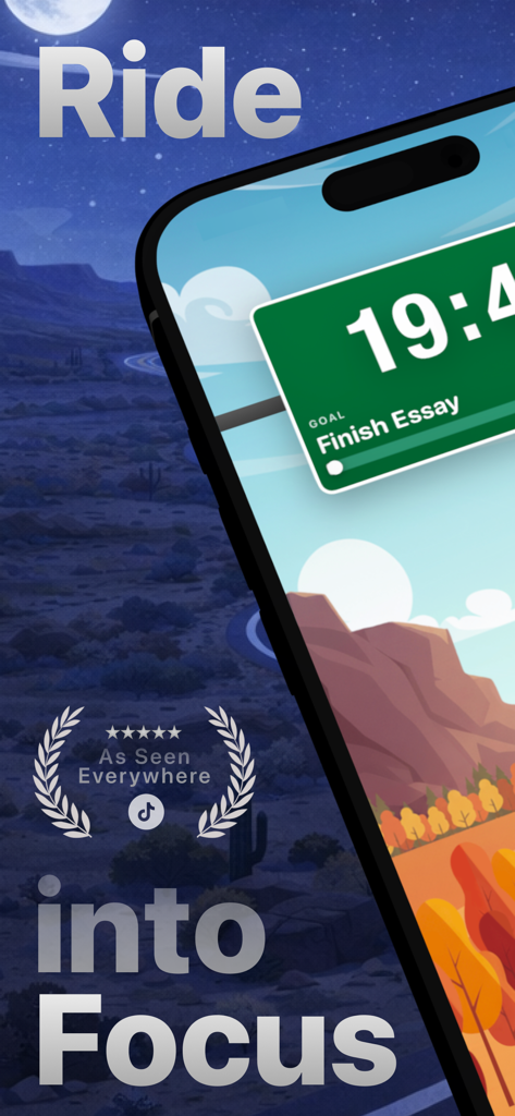 Focus Ride - Deepfocus Timer - A smartphone screen showing the Focus Ride app with a timer and driving animation background.