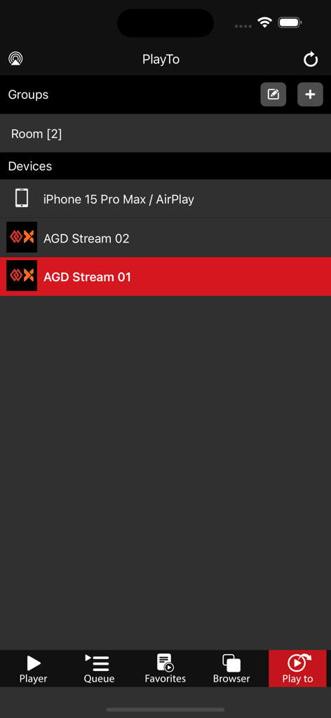 Interfaz de la aplicación AGD Stream para seleccionar dispositivos de salida de audio y gestionar grupos de altavoces multi-habitación