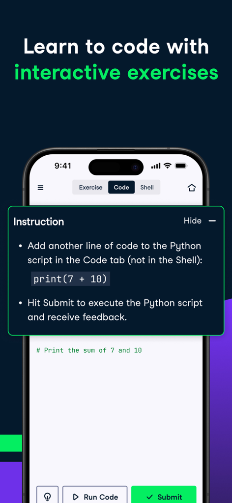 DataCamp mobile App-Oberfläche mit einer interaktiven Python-Programmierübung