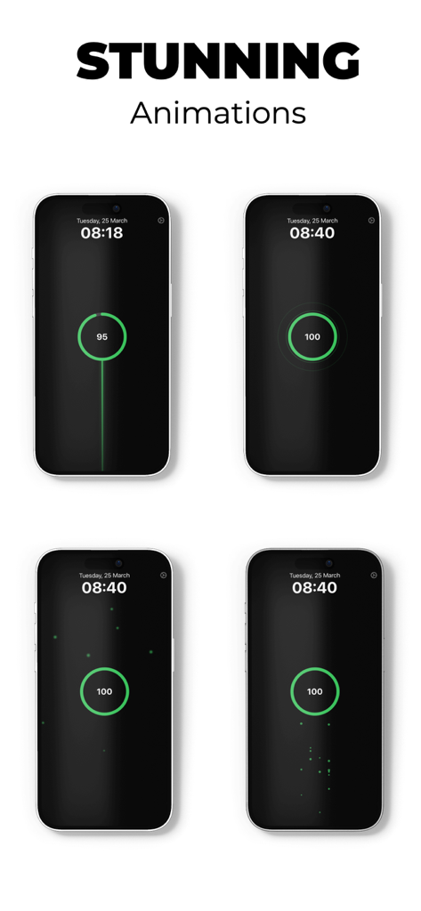 Charging Animation Wallpaper - Cuatro pantallas de iPhone mostrando diferentes animaciones de carga estéticas