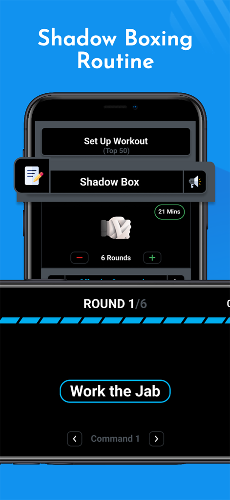 Interface of the PRO BOXING app showing a structured shadow boxing routine with round tracking and technical commands like Work the Jab.
