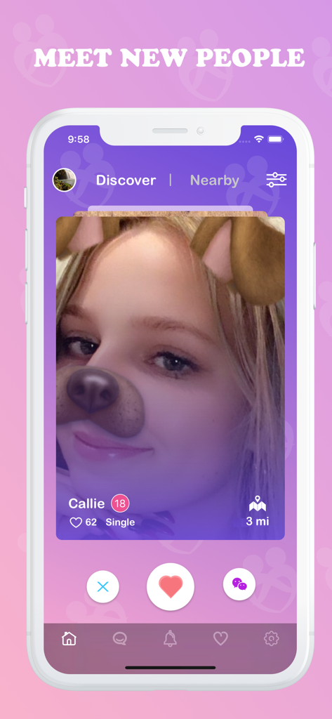Local Dating app discovery screen showing a nearby user profile and matching options.