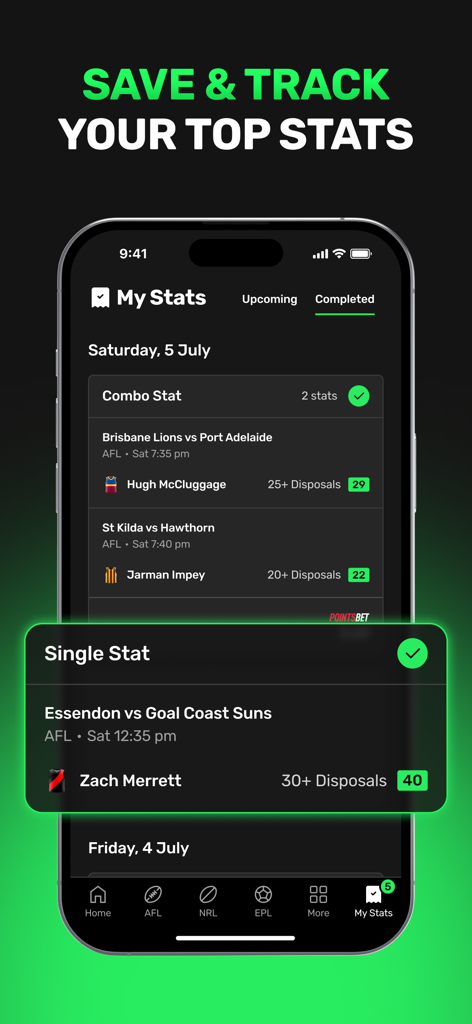 StatMate: Betting Insights - Mobile app interface showing tracked player stats for AFL games in the StatMate betting insights app.