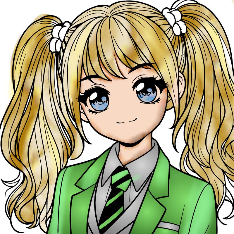 realistic girl with two ponytails and a suit on