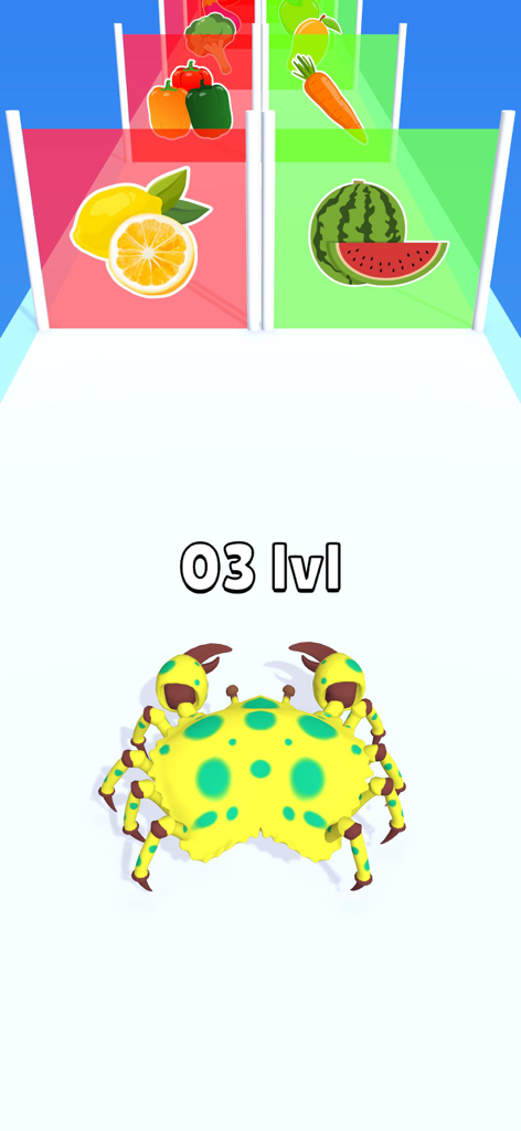 Crab Evolution Run - A yellow spotted crab in level three of the Crab Evolution Run mobile game approaching food choice gates