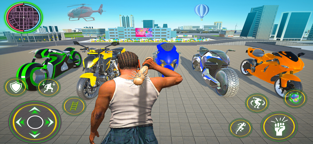 Indian Bike Driving 3D Offline - A character standing in front of multiple superbikes in an open world city