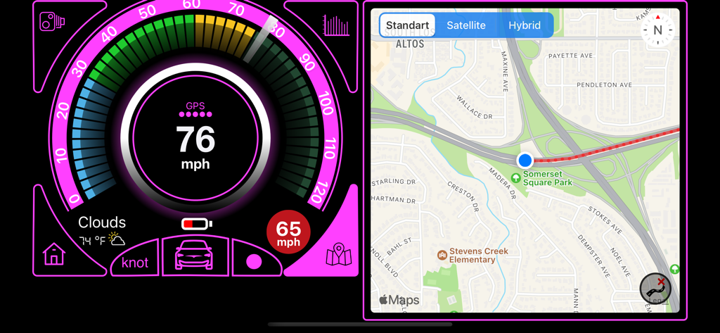 Speedometr - Speedometr app interface showing a high-contrast GPS speedometer alongside a live navigation map