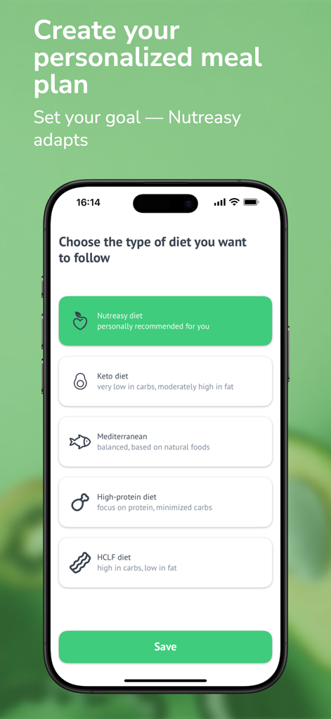 Nutreasy app screen for selecting a personalized diet plan including Keto and Mediterranean options.