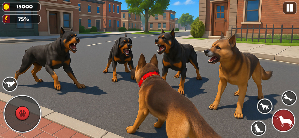 A 3D simulation of a German Shepherd encountering other dogs on a suburban street in the Virtual Dog Pet Life game.