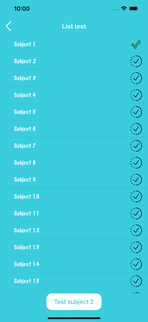 6th grade learning games - A screen showing a list of fifteen math test subjects with completion checkmarks in the 6th grade learning app