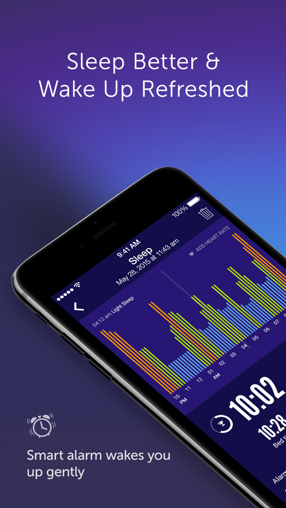 Smartphone displaying a sleep cycle analysis graph with the text Sleep Better and Wake Up Refreshed and Smart alarm wakes you up gently