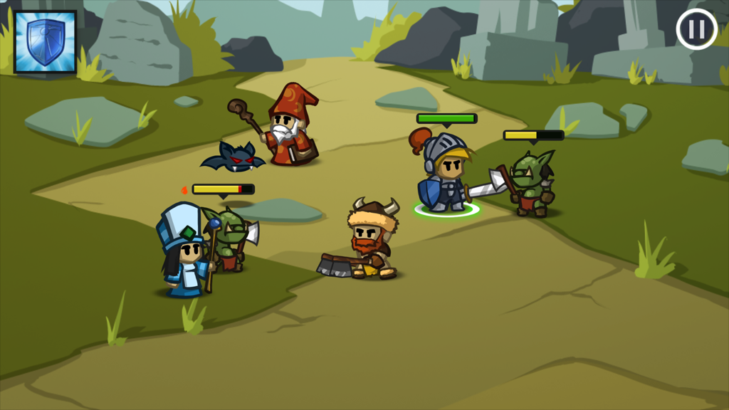 Battleheart - Gameplay of Battleheart showing a party of heroes including a wizard and knight fighting monsters in a fantasy forest.