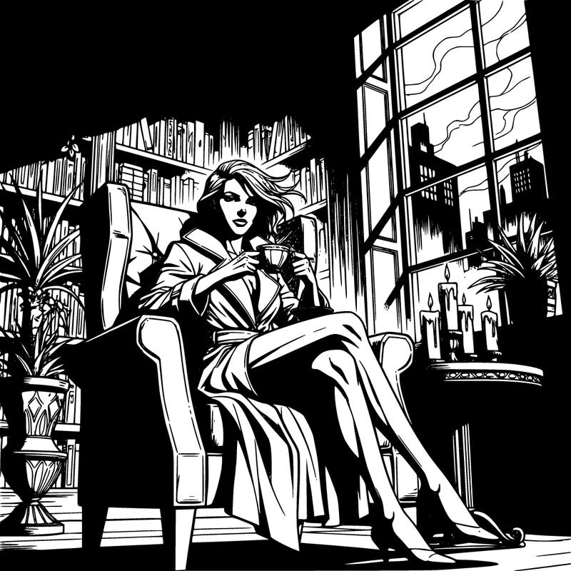 woman sitting in an overstuffed chair in a home library.   she is drinking tea next to a window.  there are bookshelves,  plants, candles