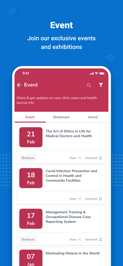 D2D (Doctor to Doctor) - Screenshot of the medical event list in the D2D app showing upcoming professional seminars and conferences for doctors.