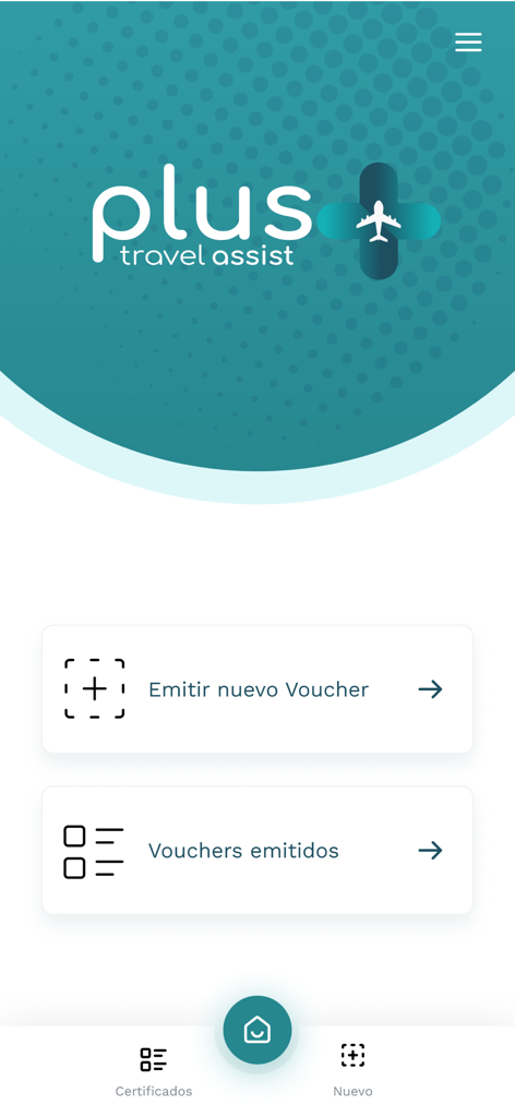 EMISIONES PLUS TRAVEL ASSIST - Tela principal do aplicativo Plus Travel Assist mostrando opções de vouchers de viagem