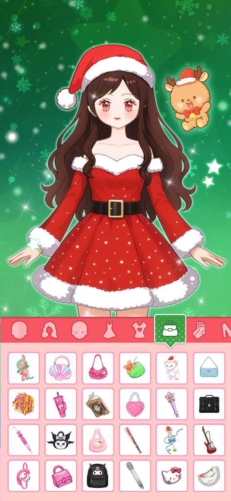 Idol Livestream: Doll Dress Up - Personnage de poupée anime portant un costume de Père Noël dans une interface de jeu d'habillage avec des options d'accessoires