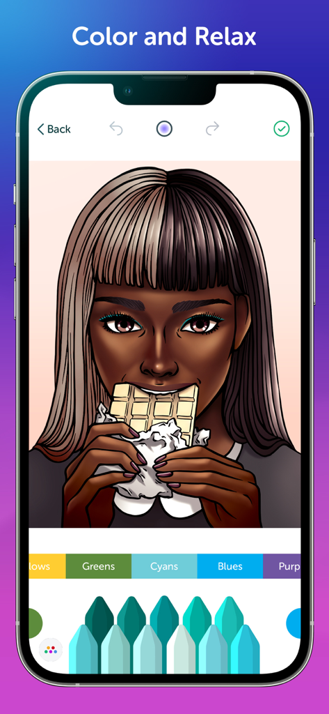 Recolor: Adult Coloring Book - Digital coloring page of a woman in the Recolor app with a selection of color palettes