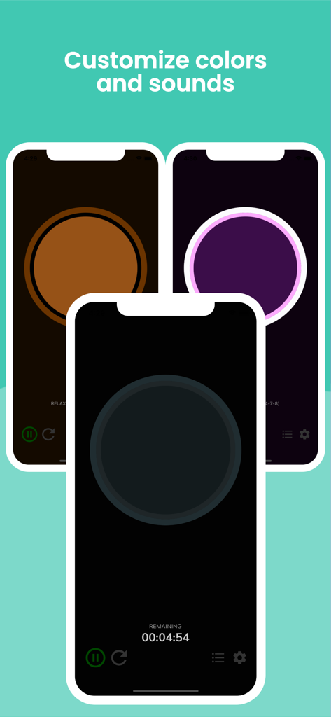 A demonstration of the customizable color themes and pacer styles in the Awesome Breathing app.