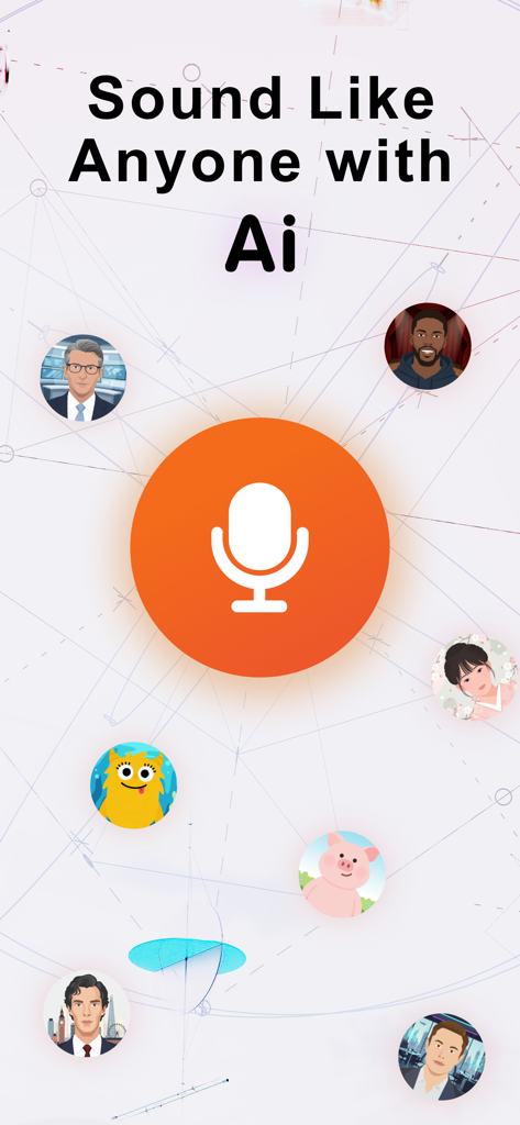 Voice Tik: AI Voice Changer - Voice Tik app interface showing a microphone button and the text Sound Like Anyone with AI surrounded by diverse character icons.