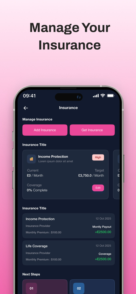 Wealth Tracker App - Wealth Tracker app insurance dashboard showing income protection and life coverage details