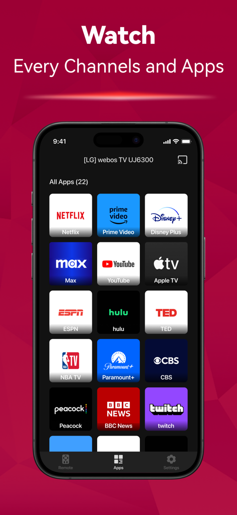 A smartphone screen from the LG TV remote app showing various streaming icons including Netflix YouTube and Hulu