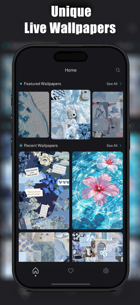 Blue Aesthetic Wallpapers - 青をテーマにしたデザインを備えた、注目のコレクションと最近のコレクションを表示するBlue Aesthetic Wallpapersアプリのインターフェイス。