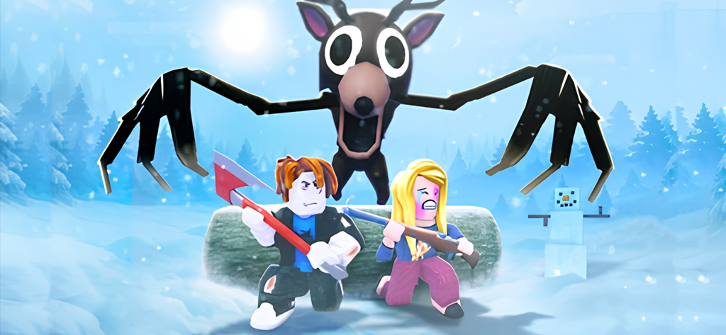 99 nights in the Scary forest - Personajes con aspecto de bloques escapando de un ciervo mutante gigante en un bosque nevado