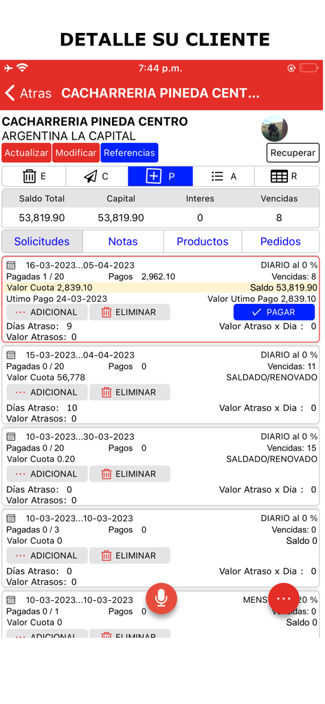 Captura de pantalla de La Diaria App que muestra un perfil de cliente detallado con historial de pagos y saldos de crédito pendientes.